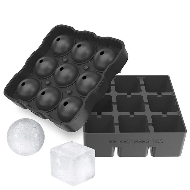 The Brothers Tod Silicone Large Ice Cube Mold & Ice Sphere Ball Mold (9 Balls with Lid) Combo Set