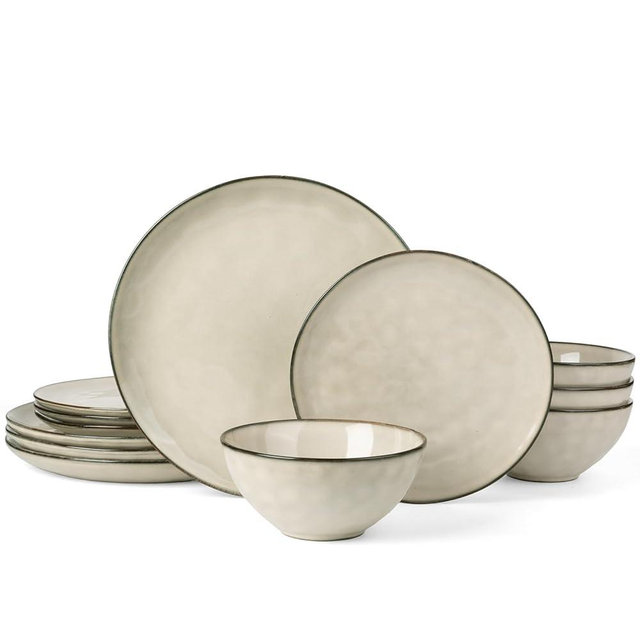 Famiware Dinnerware Sets for 4, Ocean Round 12-Piece Kitchen Plates and Bowls Sets, Microwave and Dishwasher Safe, Scratch Resistant, Light khaki