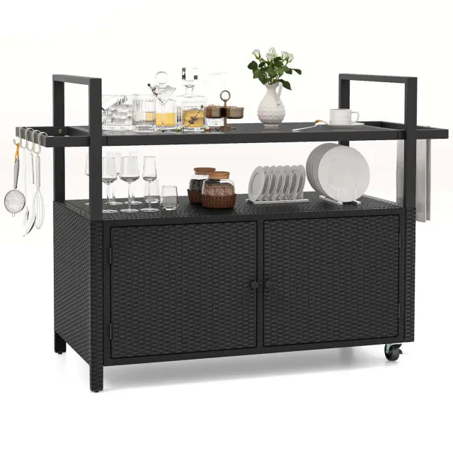 Costway Outdoor Bar Cart with Tempered Glass Top Storage Cabinet & 8 Hooks for Porch