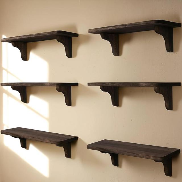 Real Wood Rustic Brown Wall Shelves - 17 inch (6 Pack) - Easy to Install, Template and Video Included - Wooden Shelves for Wall, Big Shelf for Wall, Brown Bathroom Shelves