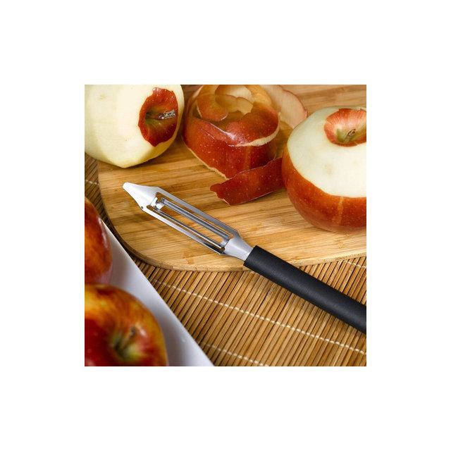 Rada Stainless Steel Vegetable Peeler, Razor Sharp Swiveling Blade follows Veggie Contours, Durable Black Resin Handle