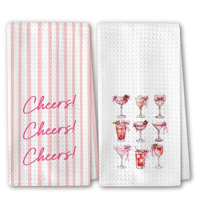 RZQIJ Cute Kitchen Towels - Cheers Cocktail Glasses with Pink Stripes, Set of 2, Fun Beverage Art, Perfect for Kitchen or Bar Towels 16"x24"(242)
