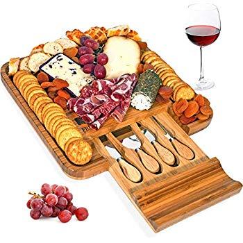 Bambusi Natural Bamboo Cheese Board Set - Wooden Charcuterie Platter and Serving Tray with Hidden Drawer & Cutlery Set