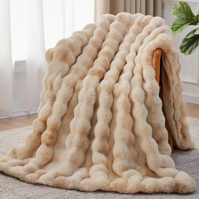 Anysay Faux Fur Throw Blanket, 1000GSM Fluffy Soft Bubble Blanket for Couch Bed, Cozy Plush Warm and Thick Blanket, Fuzzy Rabbit Lola Throw for Living Room Bedroom 90''*104'' Tie-dye Camel