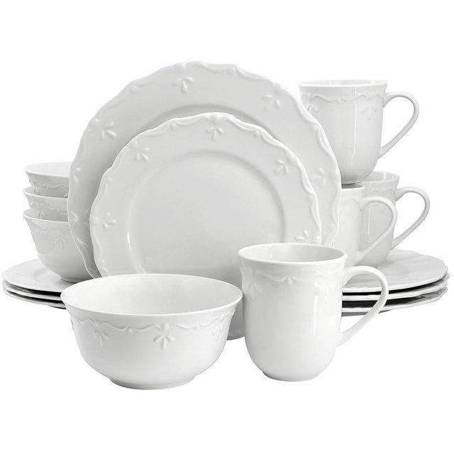 Elama Henryi 16 Piece Embossed Rim Detail Porcelain White Dinnerware Set, Tableware Set, Serveware (16 Piece)