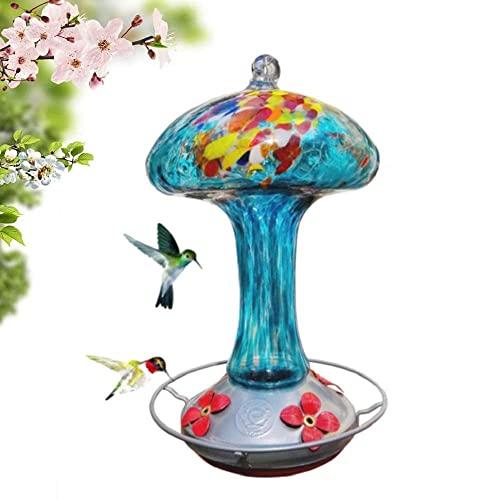 Grateful Gnome - Hummingbird Feeder - Hand Blown Glass - Blue Mushroom - 32 Fluid Ounce Free Bonus Accessories S-Hook, Ant Moat, Brush and Hemp Rope Included