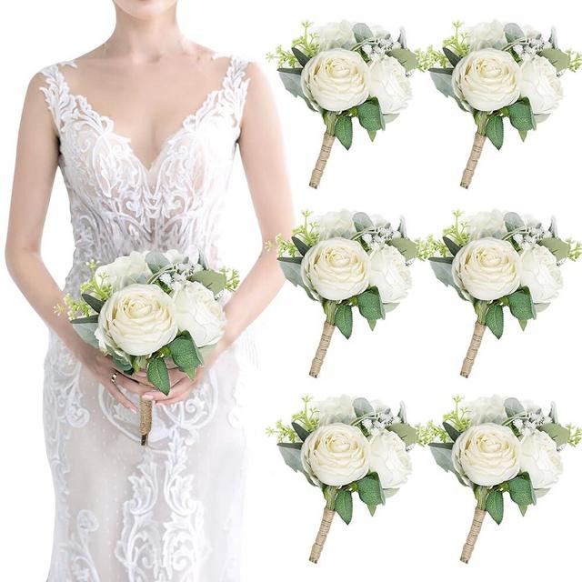 SEMONONIA Bridesmaid Bouquets Set of 6 - Ivory White Artificial Flowers Bouquet for Bridesmaids Wedding Small Floral Centerpieces for Marriage Proposal Party Anniversary Dining Table Decor -7 Inch