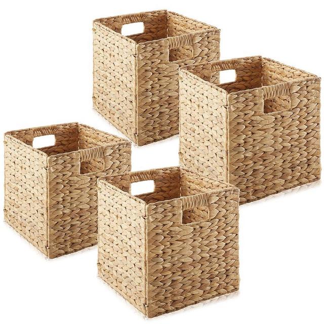 Casafield 10.5" x 10.5" Water Hyacinth Storage Baskets, Natural - Set of 4 Collapsible Cube Organizers, Woven Bins for Bathroom, Bedroom, Laundry, Pantry, Shelves