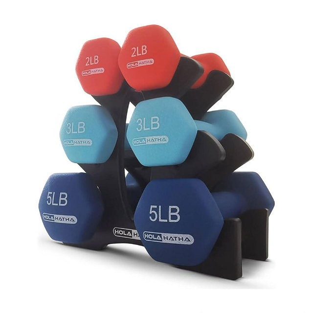 HolaHatha 2, 3, 5, 8, and 10 Pound Neoprene Dumbbell Free Hand Weight Set with Rack, Ideal for Home Exercises to Gain Tone and Definition, Pastel