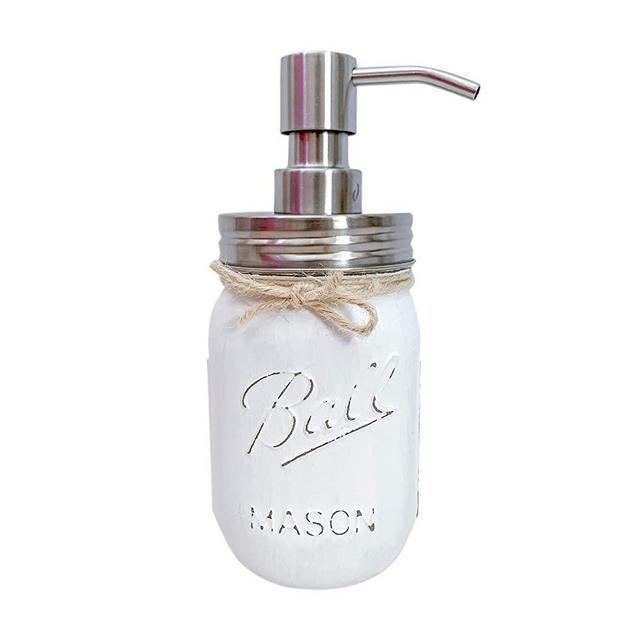 White - Hand Painted and Distressed Mason Jar Soap Dispenser, 16 oz. Pint Size, Silver Colored Soap Dispenser Lid, Rustic Farmhouse Style