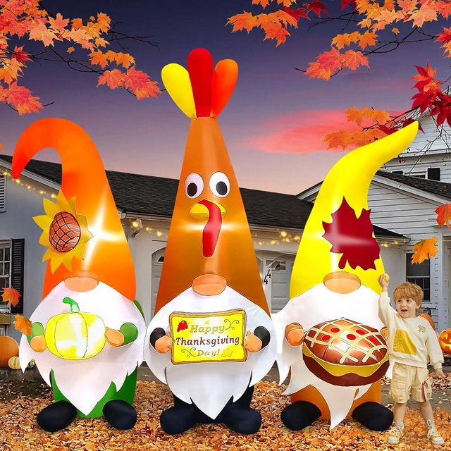7FT Thanksgiving Day Inflatable with LED Light, Kalolary Thanksgiving Three Gnome Inflatable Fall Harvest Outdoor Decoration Thanksgiving Yard Blow up Inflatable for Lawn Home Holiday Autumn Party
