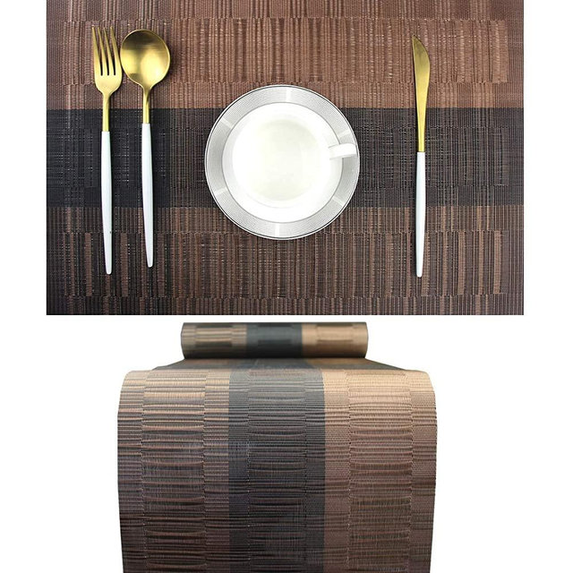 pigchcy Elegant Placemats with Matching Table Runner,Washable Plastic Placemats for Dining Table Sets(6pcs Placemats+1pcs Table Runner,PT-A,Brown)