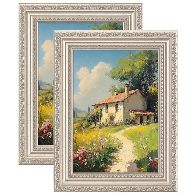 eletecpro 5x7 Picture Frames Set of 2, Vintage Frames with Glass Cover, 5 by 7 Photo Frame Displays 4x6 Photo with Mat or 5x7 without Mat for Tabletop or Wall Decor, Silver Beige