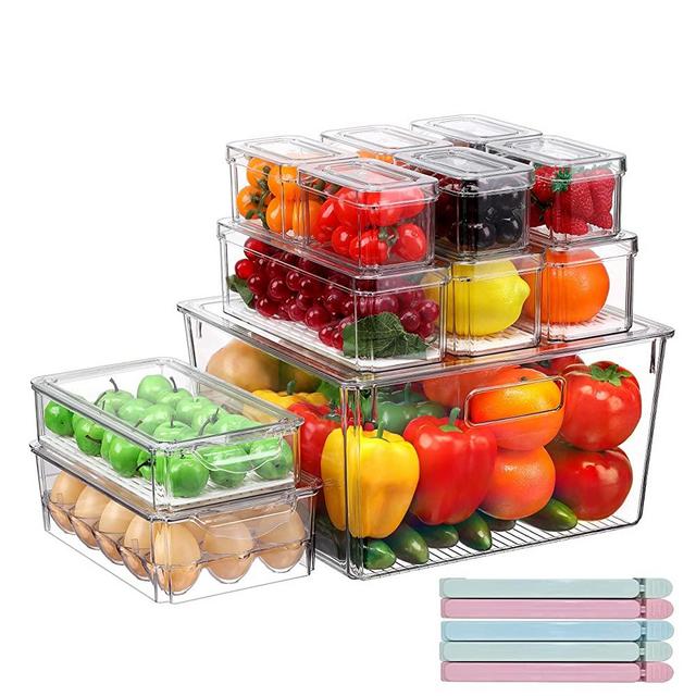 Pure Future Fridge Organizer Stackable Refrigerator Organizer Bins with Dry Food Containers with Lids for Kitchen Pantry Organization and Storage and Food, Drinks, Fruits, Vegetable (Set of 12)