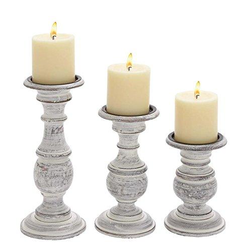 UMA Enterprises, Inc. - Deco 79 Distressed White Wood Candle Holders with Spiked Candle Plates, Traditional Style Table Decor, White Candlesticks Accent Decor | Set of 3: 4”, 6”, 8”