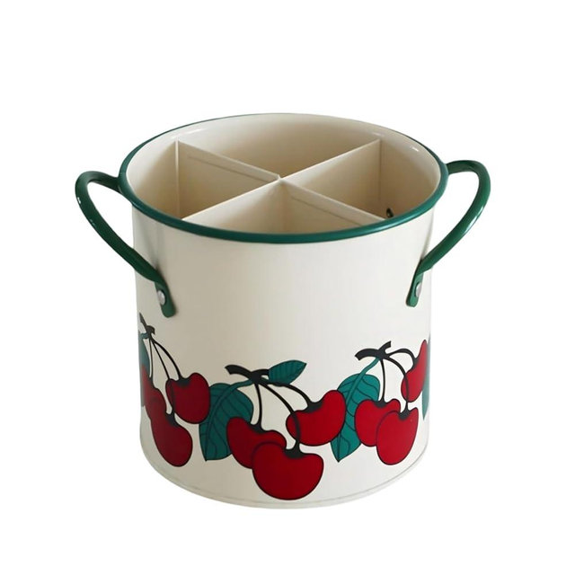 CJFNDFA Vintage Utensil Crock - Cherry Kitchen Decor Iron Organizer with Detachable Divider, 4-Compartment Drain Hole Utensil Holder for Vintage Kitchen Utensils & Accessories