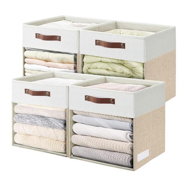 Bagnizer Storage Cubes, 4 Pack Linen Foldable Storage Bins (13 x 13 inch) with Clear Window and Handles, Fabric Organizer for Shelf Closet, Clothes, Books - (Beige and White)