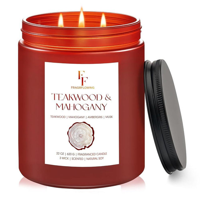 Teakwood & Mahogany Large Christmas Scented Candle, 3-Wick 22oz Long Lasting Scented Candle, Natural Soy Wax Aromatherapy Candle for Home, Holiday Candle Gifts for Women Men