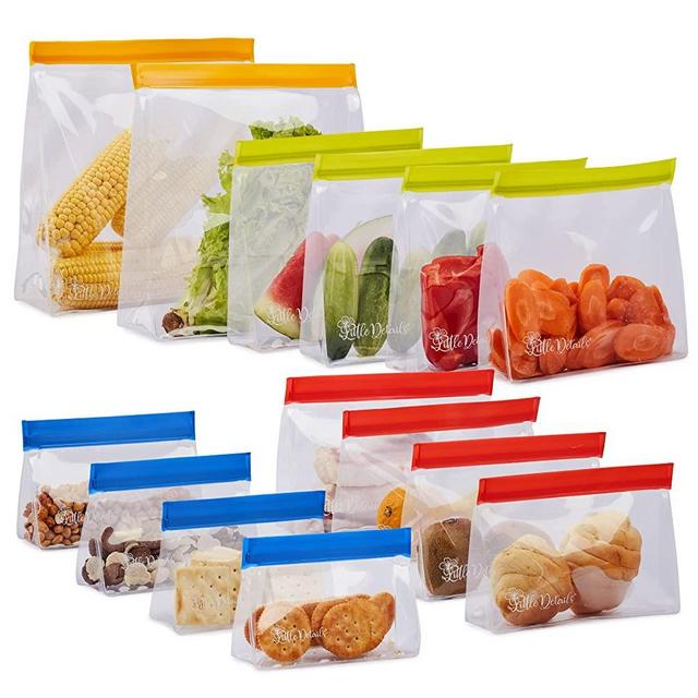 Airtight Reusable Food Storage Bags - 14 Pack - Clear Stand-Up BPA-Free Reusable Ziplock Bags with a Leakproof Double Zipper - Includes Gallon, Sandwich, Snack, and Quart Sizes - Set of 14 Storage Bags - 2 x Gallon Size, 4 x Quarter Size, 4 x Sandwich Bags, 4 x Snack Bags - Zip lock Bags for Freezer, Fridge