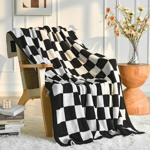 Checkered Throw Blanket, Black Knit Blankets with Soft Fluffy Microfiber, Cozy Fluffy Lightweight Decorative Reversible Travel Blanket for Couch Bed Sofa, 50"x60"
