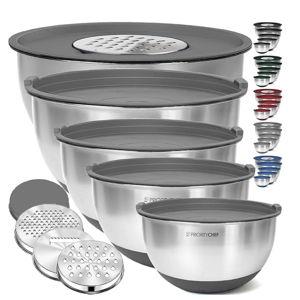 Priority Chef Stainless Steel Mixing Bowls with Lids Set, 3 Grater Attachments, Airtight Lids, Non-Slip Silicone Base Mixing Bowl Set, Large Prep Metal Mixing Bowls for Kitchen, Grey