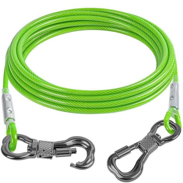 Tresbro 15FT Reflective Dog Tie Out Cable for Dogs Up to 250 Pounds, Steel Wire Dog Leash Cable with Stainless Rotatable Buckle, Lightweight and Enduring, Dog Chains Outside for Outdoor, Yard, Green