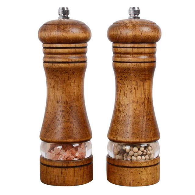 Haomacro Wood Salt and Pepper Grinder Set, Manual Mills with Acrylic Window, Adjustable Ceramic Grinding - 6.5inch, 2 Pack