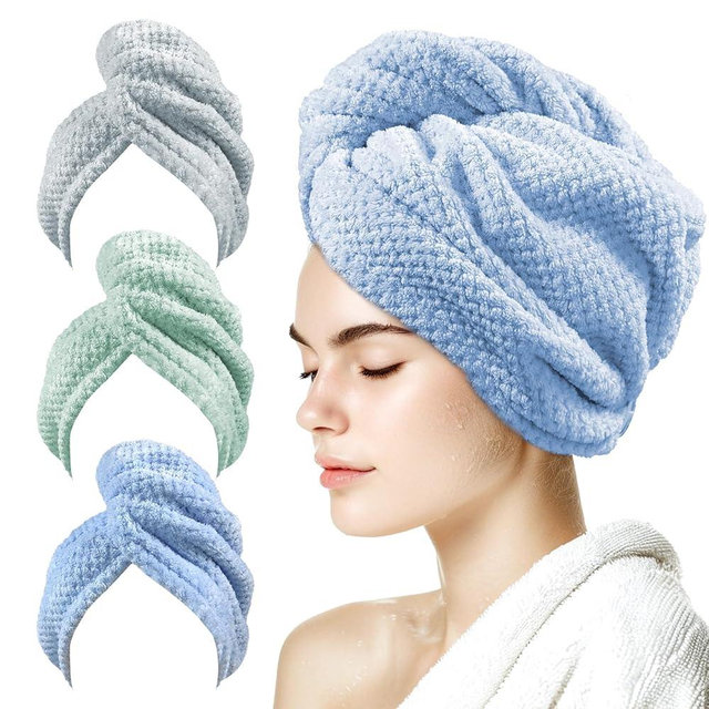 my novel things 3 Pack Microfiber Hair Towel Wrap for Women 25.4"x9.8", Super Absorbent Hair Towel Wrap, Quick Dry Hair Towels with Button for Curly Hair Anti Frizz (Blue,Green,Gray)