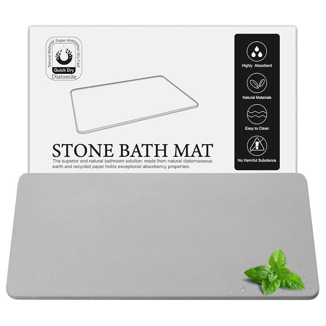 Greenturf Large Diatomite Stone Bath Mat, Premium Non-Slip Natural Diatomaceous Earth Bathtub Fast Drying Mats for Bathroom Floor (30" x 17" Light Grey)