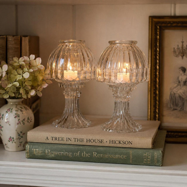 Vintage L.E. Smith Fairy Lamps Set of 2 | Clear Ribbed Glass Fairy Light Candle Holders | Cottagecore & Victorian Decor