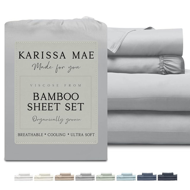 KARISSA MAE Cooling Bamboo Viscose King Sheet Set | 100% Organically Grown | 18” Deep Pocket | Silky, Soft, & Hypoallergenic | with Organizer Band & Elastic Corner Straps [Grey Mist]