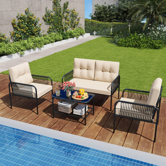 Costway 4 PCS Patio Furniture Set with Loveseat Tempered Glass Coffee Table & Soft Cushions