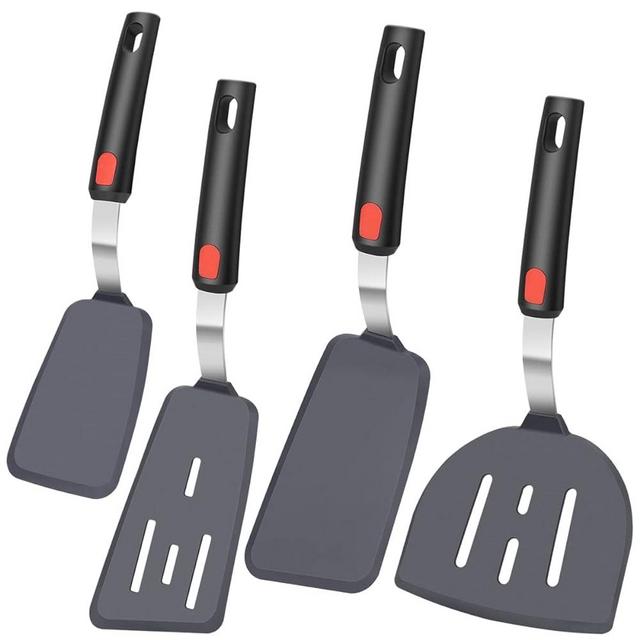 KLAQQED 4Pcs Spatula Silicone Heat Resistant Flexible Rubber Silicone Spatulas for Nonstick Cookware, Burger Pancake Spatula Turner Large Silicone Spatulas Set for Cooking Kitchen Utensils Set Black