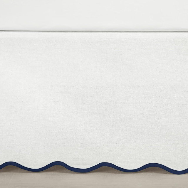 Lush Decor Coastal Chic Scallop Edge Linen Textured Bed Skirt Navy/White Single King - Soft Elegant Luxury Easy Fit Elastic Band Tailored Bedskirt