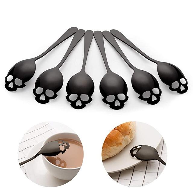 FOXAS Skull Spoons, Set of 6 Black Spoon, Skull Sugar Spoon, 304 Stainless Steel Coffee and Tea Stirring Spoon, Cool and Stylish Design Teaspoons
