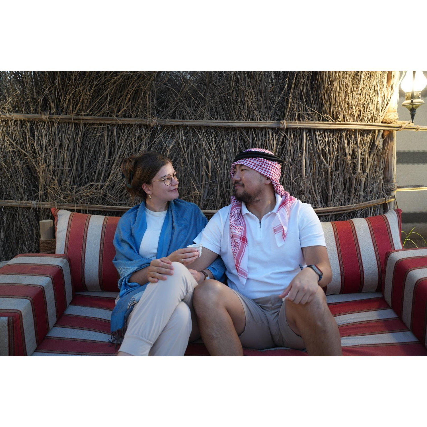 Having coffee in the desert of the United Arab Emirates.