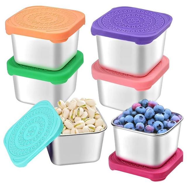SEUOX 6Pack 6oz Stainless Steel Snack Containers for Kids, Easy Open Leak Proof Metal Toddler Snack Containers with Silicone Lids, Stackable Metal Toddler Lunch Box for Daycare, School and Travel