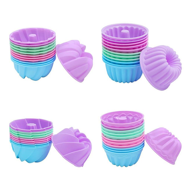 Tongjude 48 Pieces Silicone Donut Mold, 3.15" Diameter 1.37" Deep Small Reusable Baking Cups, Non-Stick, 4 Shape Silicone Molds, Heat Resistant Bakeware for Bagel, Muffin, Jello and Cake Baking
