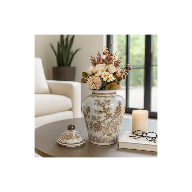 Decorative Chinoiserie Temple Jar for Living Room Decor - Ceramic Flower Vase with Lid for, Room, Bedroom, Office, or House Decor - 12", Brown & White