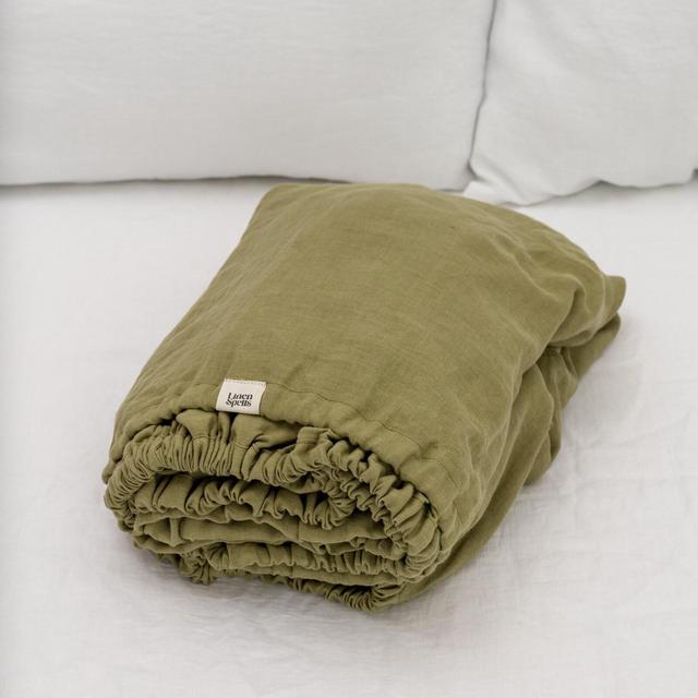 Olive Green fitted linen bed sheet in king, queen, single, twin and other custom sizes, stone washed soft natural linen bed cover