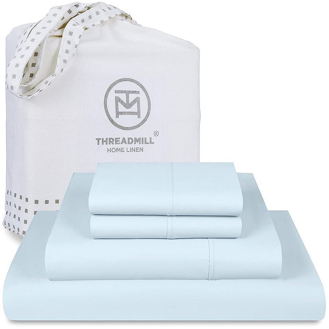 Threadmill Egyptian Cotton Queen Sheet Set | 100% Certified Egyptian Cotton Bed Sheets for Queen Size Bed | Snug Fit Deep Pocket Queen Bed Sheets Set | Soft Cooling Sateen Bedding Set | Light Blue