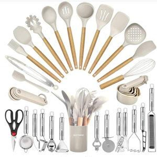 Cooking Utensils Set- 35 PCs Kitchen Utensils with Grater,Tongs, Spoon Spatula &Turner Made of Heat Resistant Food Grade Silicone and Wooden Handles Kitchen Gadgets Tools Set for Cookware
