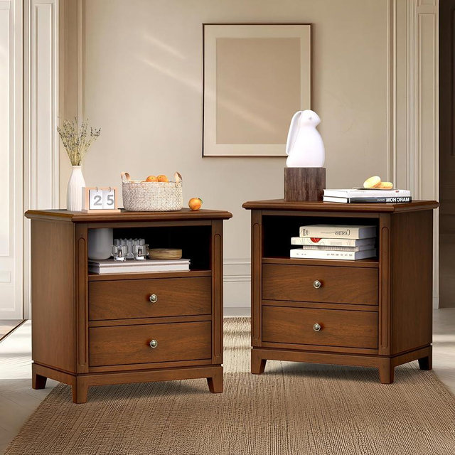 OWIPAW 24" Wide Solid Wood Nightstands Set of 2, Walnut Night Stand with 2 Large Drawers & Open Shelf, Bedside Table with USB Ports and Outlets, Farmhouse Nightstand for Bedroom