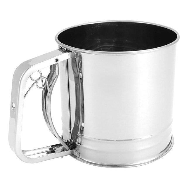 QWORK 5 Cup Flour Sifter for Baking - Stainless Steel, Hand Press, Double-Layer Fine Mesh, Single-Handed Operation