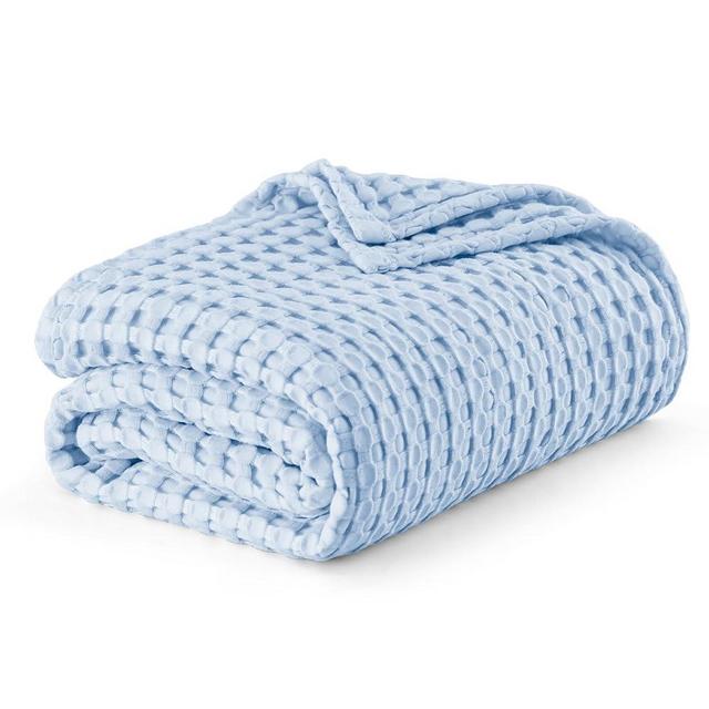 Bedsure Cooling Cotton Waffle King Size Blanket - Lightweight Breathable Blanket of Rayon Derived from Bamboo for Hot Sleepers, Luxury Throws for Bed, Couch and Sofa, Blue, 104x90 Inches