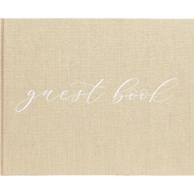 Pearhead Linen Beige Wedding Guest Book with White Script, Elegant Wedding, Rustic Wedding, Simple Wedding Décor, Bridal Shower Gift, Ivory,