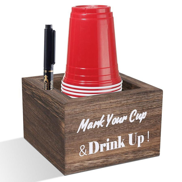 SLLPL Wooden Cup Holder - Party Cup Holder with Marker Slot, for Party and Wedding, Rustic Disposable for Bar, Kitchen, Countertop, Home & Office, Brown