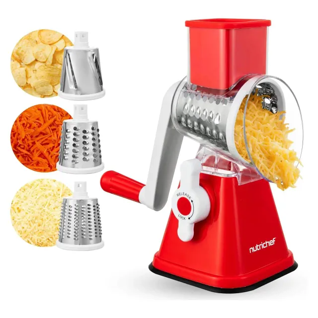 NutriChef Rotary Cheese Grater with Handle and 3 Replaceable Drum Blades - MKTNCCHS3DRRD