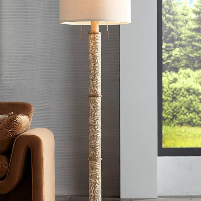 Barnes and Ivy Santiago Modern Country Cottage Core 65" Tall Standing Floor Lamp Column Pull Chain Brown Hammered Finish Living Room Bedroom House Reading Office Home Decor Entryway Cream Drum Shade