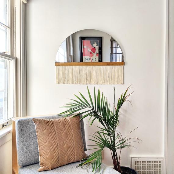 Half-Circle Fringe Mirror: "Aria" (Straight Small) WITH Wood Accent Bar-Boho Mirror, Half-Moon Mirror, Macrame Mirror, Modern Mirror